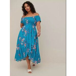 Torrid Womens Plus 4X Teal Floral Maxi Challis Off Shoulder Dress